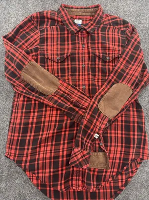 KAVU Women’s M Red Black Plaid Flannel Shirt Corduroy Elbow Patches Outdoor thumbnail 1