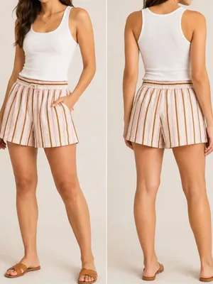 Anthropologie Striped Pull On Shorts Medium Pink Brown Casual Summer Shorts thumbnail 2