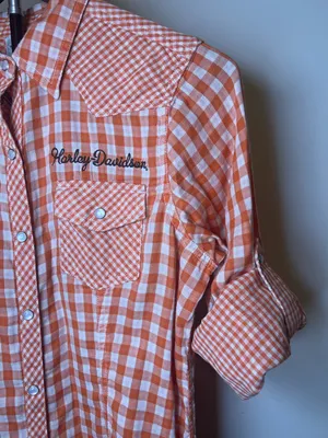 Harley Davidson Orange Gingham Snap Shirt‎ Embroidered Back Small thumbnail 13