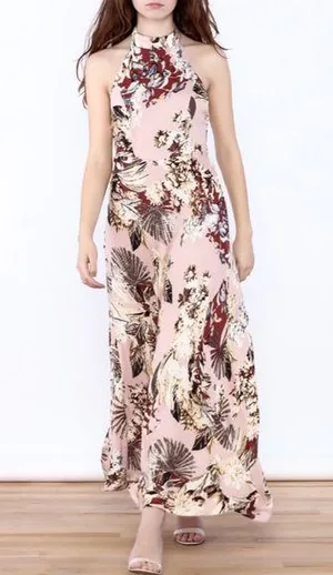 Aakaa Floral Halter Maxi Dress Size L NWT Reg $55 100% Rayon thumbnail 1