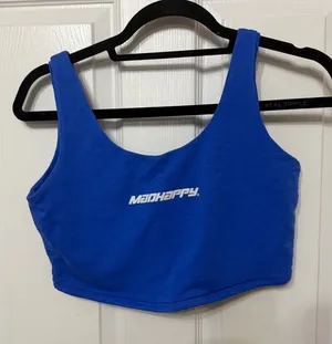MADHAPPY cropped blue‎ spell out tank top size medium thumbnail 1