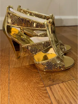 Size 8 Women’s Michael Kors Women's Gold Sequins Berkley Strap Heels IOB thumbnail 6
