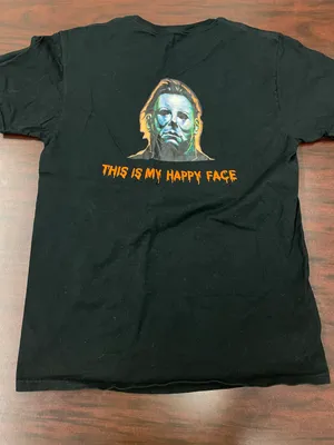 Fruit of the Loom Michael Myers This Is My Happy Face Black Short Sleeve Pocket Tee Size Small thumbnail 1