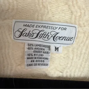 Saks 5th Avenue Cream V-Neck Sweater Women’s Medium Lambswool Angora VTG thumbnail 2