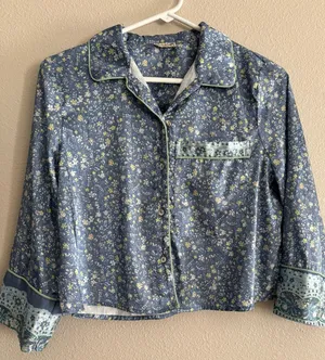 Free People Pillow Talk Pajama Top Womens XS Blue Floral Satin Cropped Comfort‎ thumbnail 1