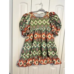 Autumn Adeigbo Mini Dress Babydoll Green Orange Puff Sleeve Size 2 Eclectic Luxe thumbnail 2