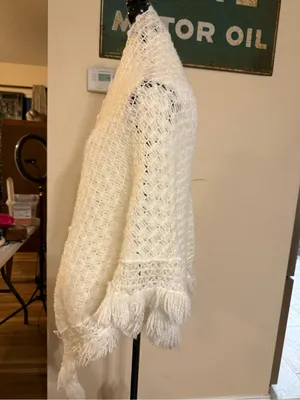 Vintage Acrylic Made In Japan Crochet Open Weave White Poncho Fringe Boho Large thumbnail 4