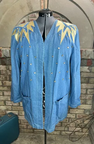 Jean Jacket open front gold shoulders studded bedazzled 1990s Blue Size XL thumbnail 1