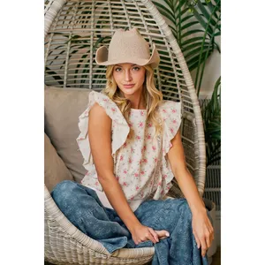 BiBi Flower Printed Ruffle Sleeve Trim Detail Top - Red Flower - Large thumbnail 14