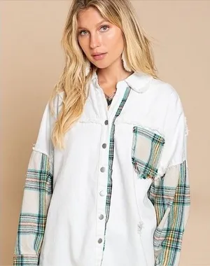 POL White Denim Shacket Plaid Contrast Distressed Raw Hem XL Oversized thumbnail 1