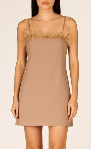 Charmed Hearts Tan Feather Trim Slip Dress Beige Women’s Size: M thumbnail 1