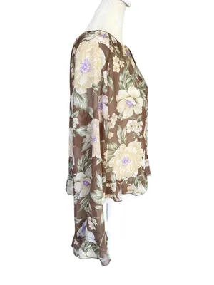 Loft brown and ivory floral ruffle tie front sheer blouse women's size medium thumbnail 3