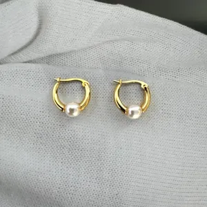 White Pearl Gold Hoop Earrings for Women,Pearl Earrings thumbnail 1