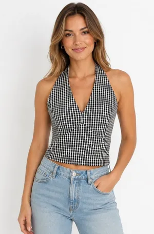 21 Saints Halter Crop Top L Black White Houndstooth Backless V-Neck Mod Summer thumbnail 1