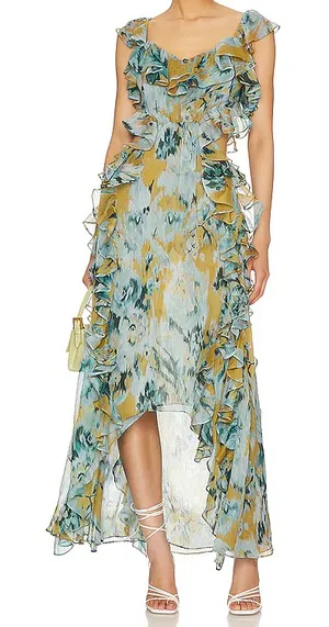 MISA Los Angeles Alessandra Sleeveless Ruffle Midi Dress Blue Yellow Medium thumbnail 1