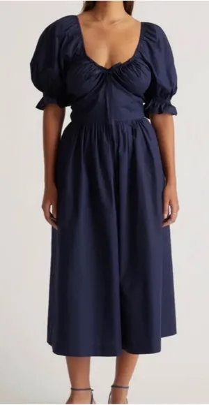 NWT Quince Navy Blue Organic Cotton Puff Sleeve Smocked Midi Milkmaid Dress XS thumbnail 1
