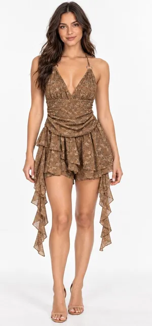 New Windsor Caught Up In Bloom Floral Mesh Ruffle Romper Brown Size Medium thumbnail 1