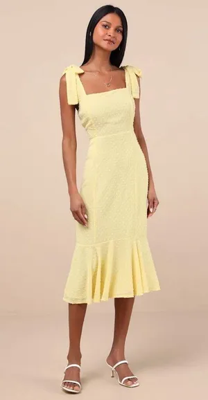Lulus Women’s Bimini Light Yellow Swiss Dot Tie-Strap Midi Dress Size XL NWT thumbnail 1