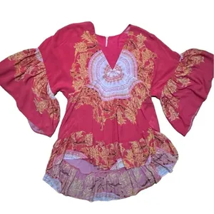 Free People Sunset Dreams printed flare sleeve blouse sz Small red‎ thumbnail 9