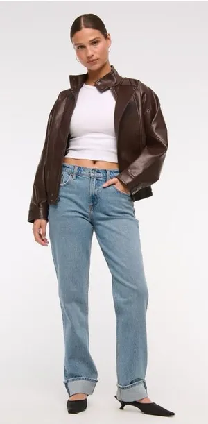 NEW Abercrombie & Fitch Curve Love 90s Straight Mid Rise Cuff Hem Jeans thumbnail 1