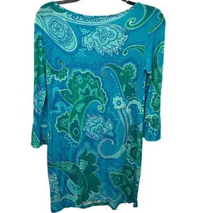 Tori Richard Honolulu XXS Blue Green Paisley Tunic Dress Bell Sleeve Stretch thumbnail 7