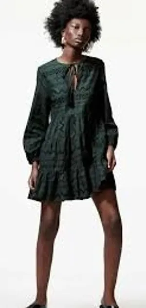 Zara Boho Oversized Embroidered Long Sleeve Mini Dress Tassel V Neck XS Green thumbnail 1