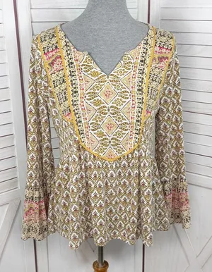 Style & Co‎ Printed Flared Hem Bell Sleeve V Neck Top Yellow Multi Small thumbnail 1