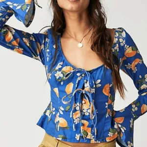 Free People Floral Blue and Orange Kayla Top thumbnail 2