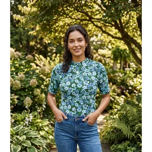 Maeve Anthropologie Floral High Neck Top Blue Green Jacquard Short Sleeve Small thumbnail 6