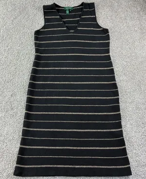 Lauren Ralph Lauren‎ Womens Black Beige Striped Linen Blend V-Neck Shift Dress M thumbnail 1