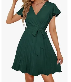 NEW Green Wrap V Neck Belted Swing Pleated Mini Dress M thumbnail 1