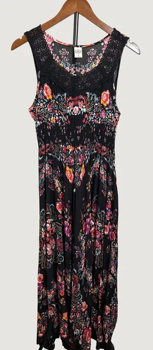 Bila Black Floral Paisley Crochet Lace Smocked Waist Maxi Dress Small YQ023 thumbnail 1