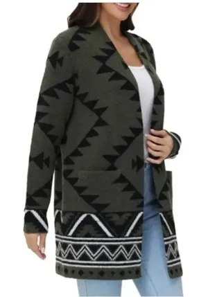 Frye southwest jacquard green & black cardigan sweater thumbnail 1
