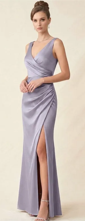 Elegant Lilac Satin style fabric V-Neck Evening Gown thumbnail 1
