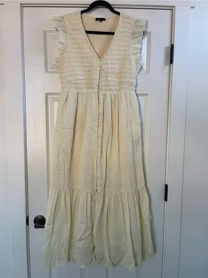 Quince Organic Textured Cotton Smocked V-Neck Midi Dress Pale Custard Yellow L thumbnail 6