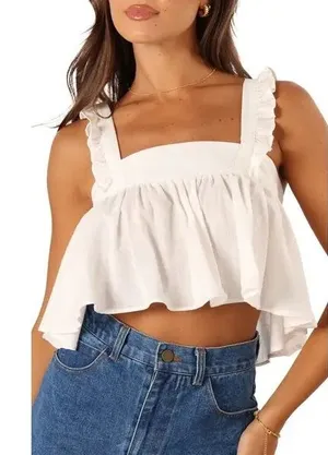 Petal & Pup Raye Ruffle Strap Bow Tie Back Cropped Top White thumbnail 1