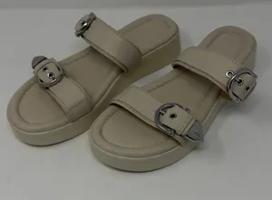 Frye Western Double Buckle Platform Slide Sandal Beige Leather Women Size 8 thumbnail 1