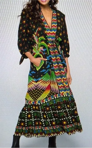 Farm Rio Macaw Night Maxi Dress Womens‎ XS Black Multi Tropical Boho thumbnail 1