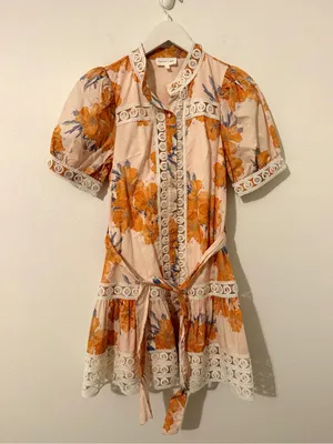 Entro Fall Floral Mini Dress Tie Belt Lace Detail Short Sleeve Size Small S thumbnail 2