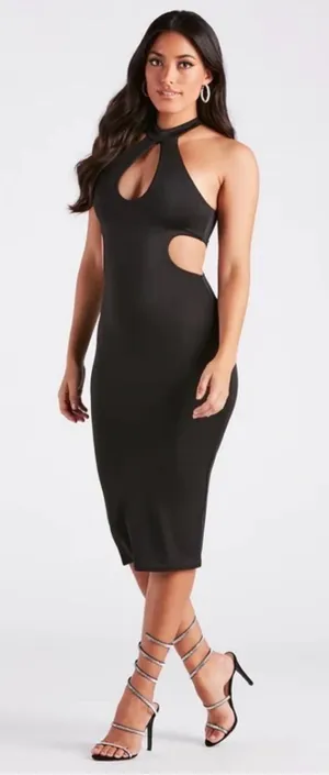 Windsor Black Halter Midi Dress with Cutouts thumbnail 1