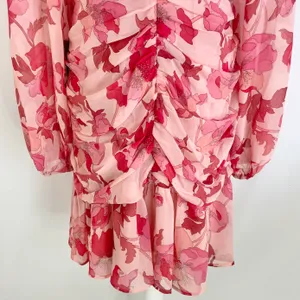 New Floral Print Twist Keyhole Front Long Sleeve Dress Pink Size XL thumbnail 16
