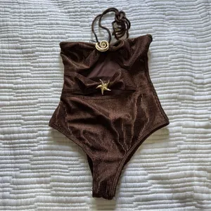 South Beach shiny crinkle cut out halter swimsuit in chocolate thumbnail 5