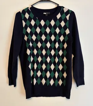 J. CREW Sweater‎ 100% Merino Wool Navy Blue Green Argyle Medium Business Classy thumbnail 1