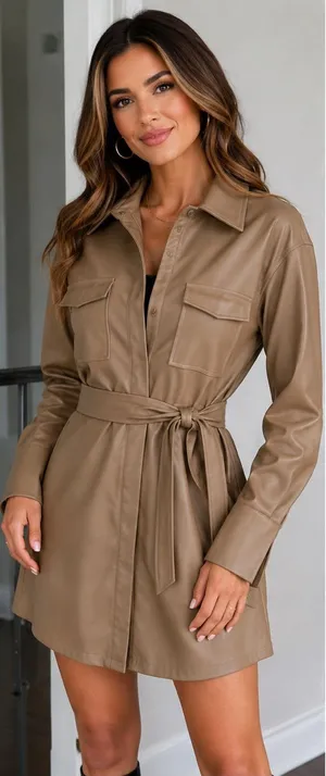 LE LIS Faux Leather Shirt Dress Taupe Tie Waist Mini Dress NWT Small thumbnail 1