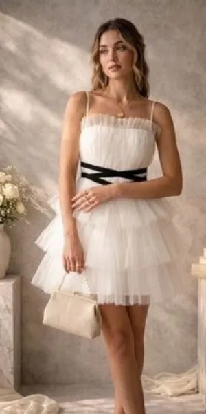 NWT Anthropologie Maeve Tiered Strapless Tulle Pearl Belted Mini Dress White 8 thumbnail 1