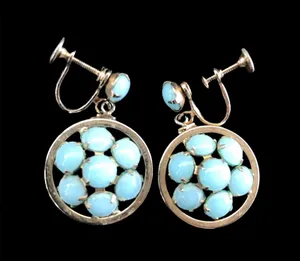 Vintage Aqua Silver Tone Faux Stone Circle Dangle Screwback Earrings Screw Back thumbnail 1