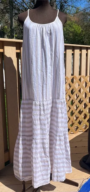 Beach Lunch Lounge Beige & White Striped Linen Blend Tiered Maxi Dress Sz S NEW thumbnail 1
