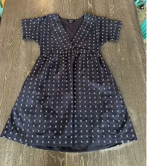 Madewell V-Neck Dolman Sleeve Mini Babydoll Dress Navy Textured Dot Women's thumbnail 1