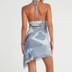 Motel Rocks Adelia Denim Print Mesh Asymmetrical Halter Mini Dress XS thumbnail 2