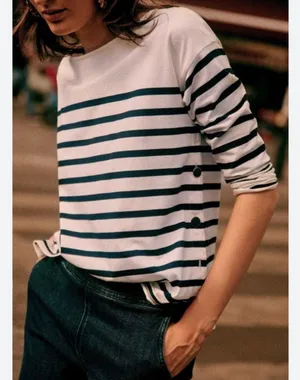 Sezane Noan Mariniere Striped Top Long Sleeve 100% Cotton Size M Cream Navy thumbnail 1